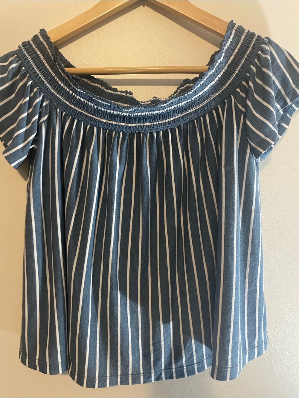 American Eagle Outfitters Navy and White Striped Off-Shoulder Top